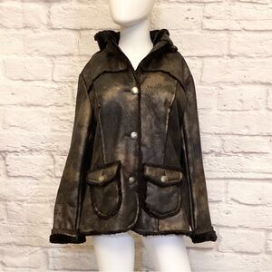 Montanaco L Women's Black Faux Suede Shearling Jacket Hooded Oiled Brass Look